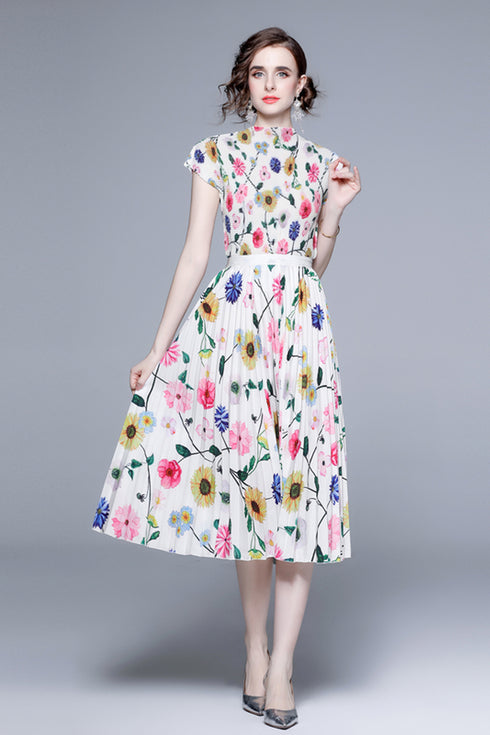 Alluring & Fresh Autumn Multicolor Floral Stretchable 2-Pcs Set, Mock Neck Top + Pleated Long Skirt, Casual and Formal Women Dress